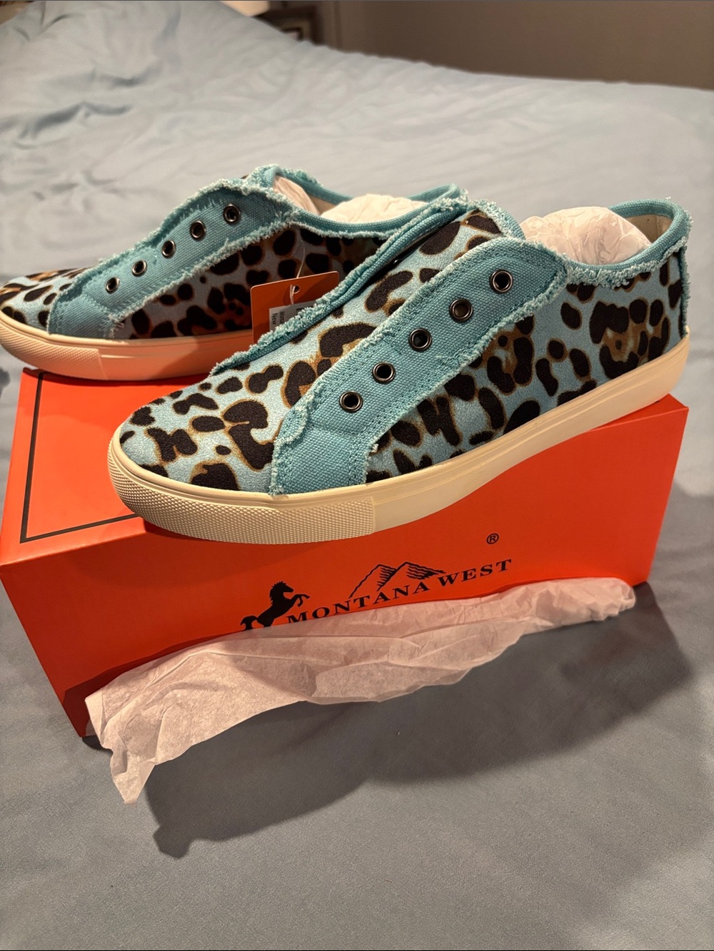 Montana West Light Blue Leopard Slip-On Sneakers
